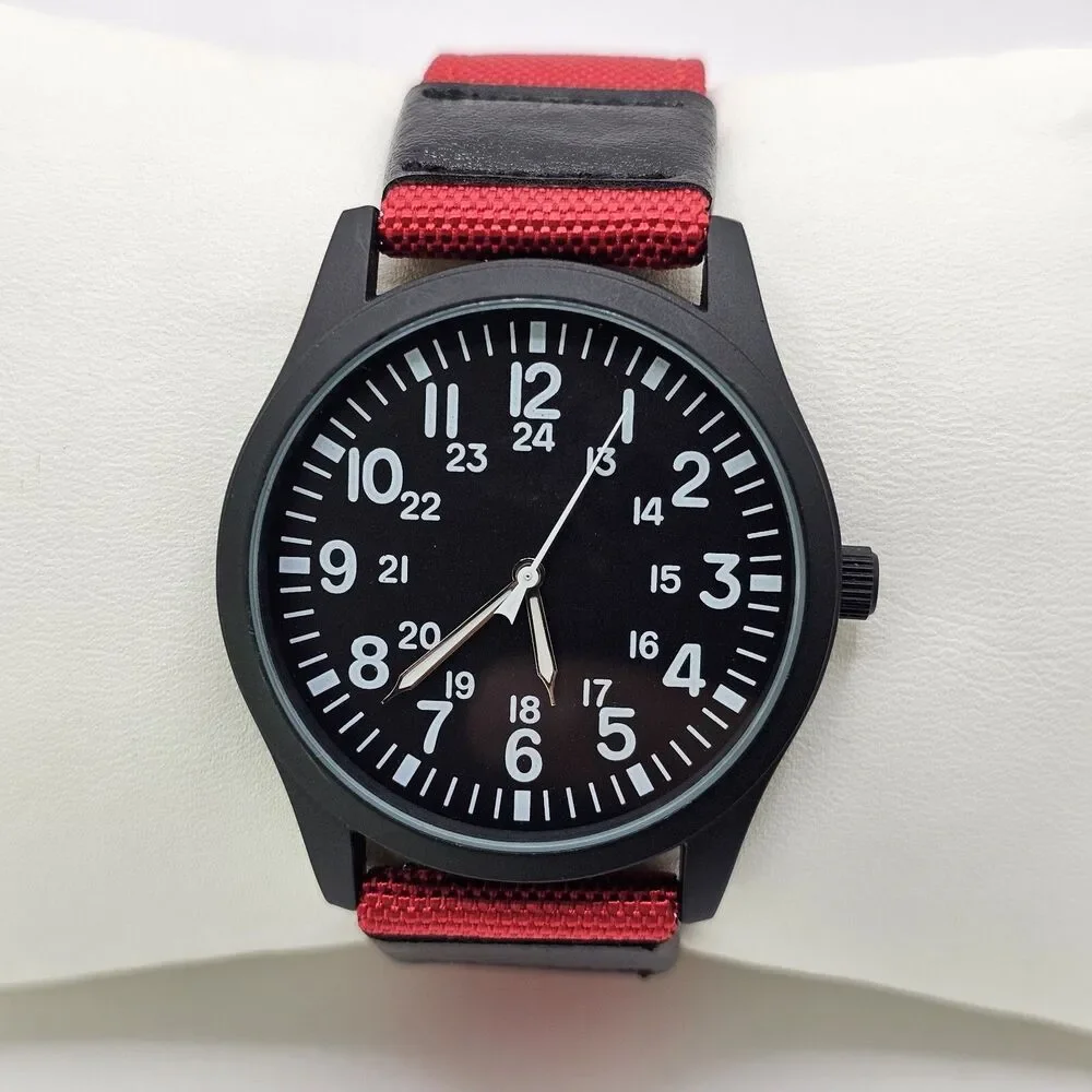 Men's 42MM Military Field Watch Black Case Black Dial Red Black Canvas‎ Bands